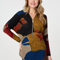 Abstract Zip V-Neck Long Sleeve Relaxed Top