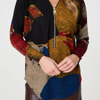 Abstract Zip V-Neck Long Sleeve Relaxed Top
