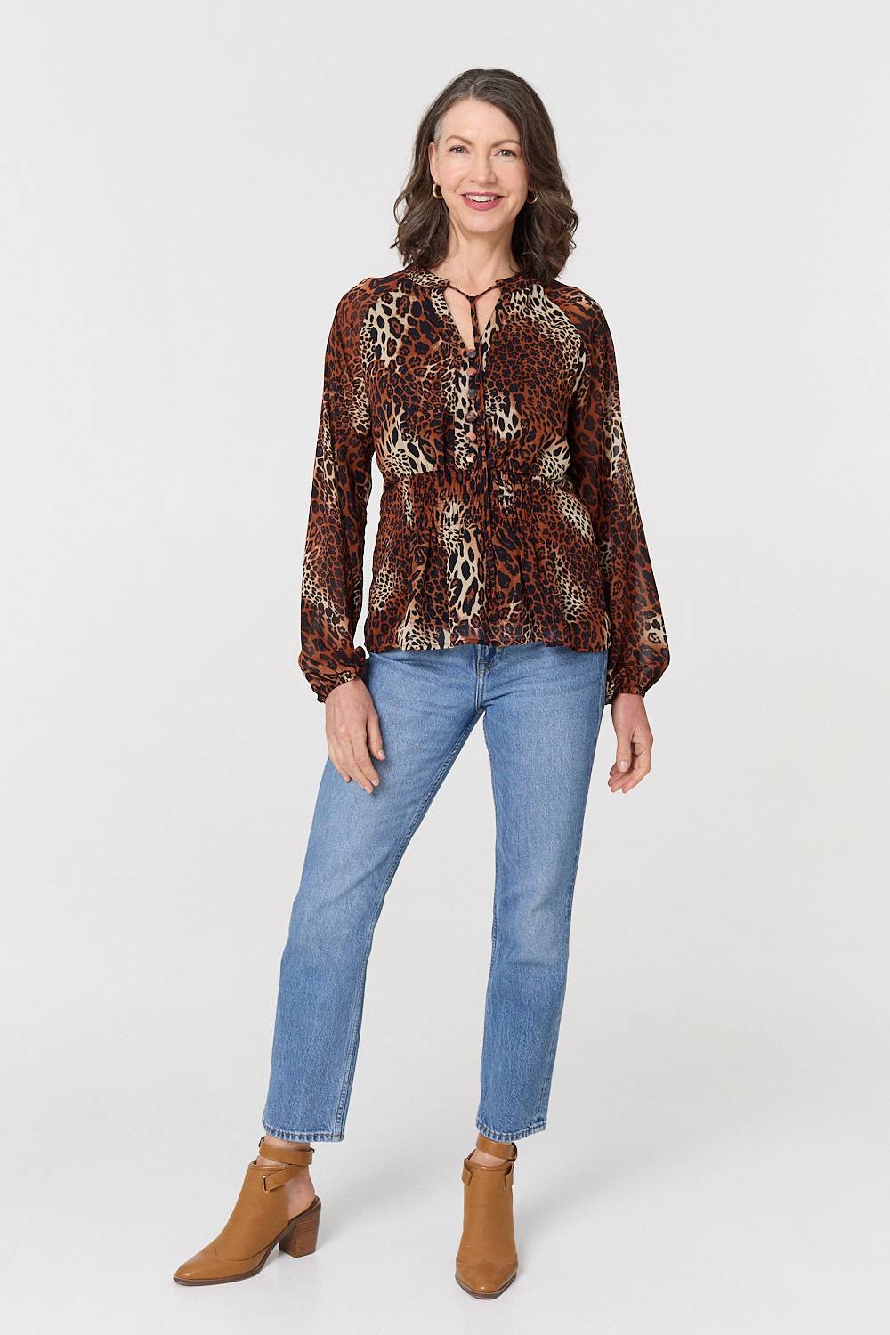 Animal Print Long Sleeve Tie Neck Blouse