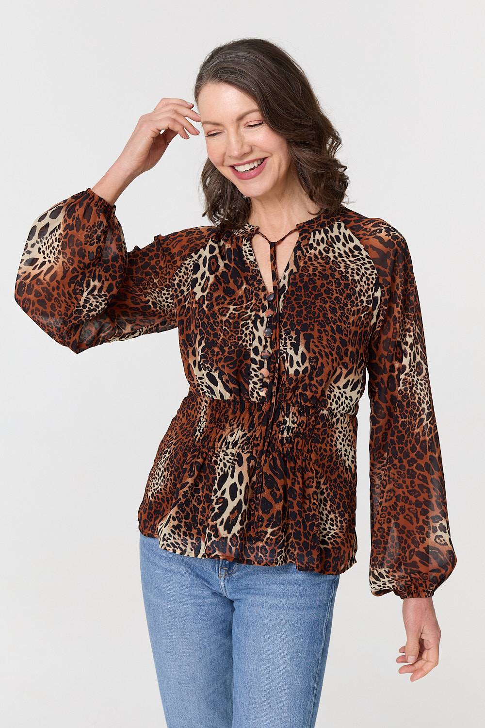 Animal Print Long Sleeve Tie Neck Blouse