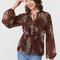 Animal Print Long Sleeve Tie Neck Blouse