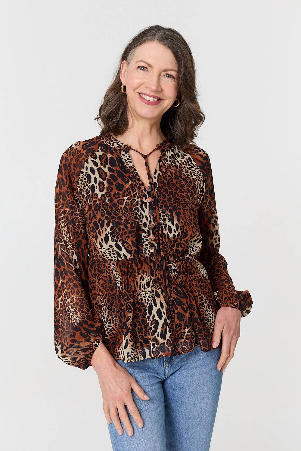 Animal Print Long Sleeve Tie Neck Blouse