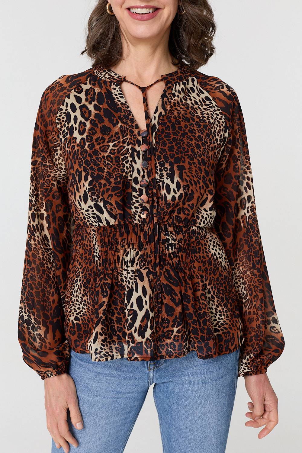 Animal Print Long Sleeve Tie Neck Blouse