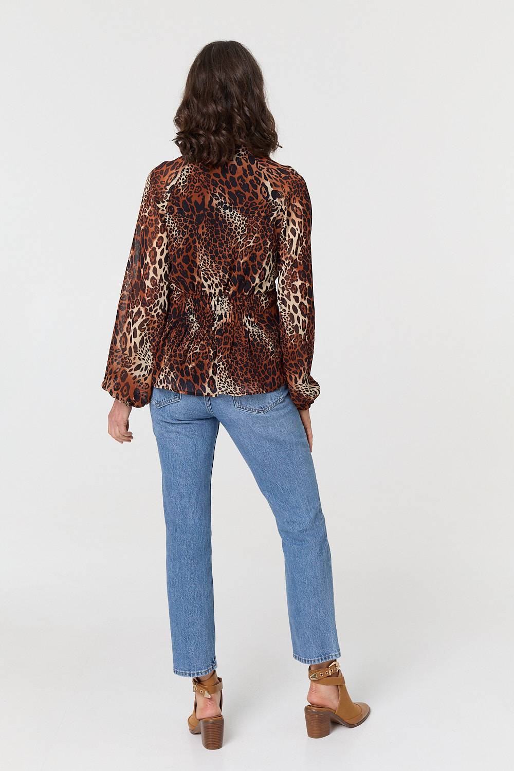 Animal Print Long Sleeve Tie Neck Blouse