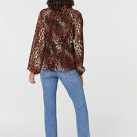 Animal Print Long Sleeve Tie Neck Blouse