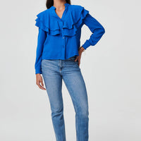 Ruffled Detail Long Sleeve V-Neck Blouse