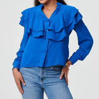 Ruffled Detail Long Sleeve V-Neck Blouse