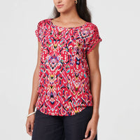 Printed Lace Trim Cap Sleeve Blouse