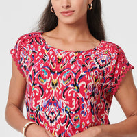 Printed Lace Trim Cap Sleeve Blouse