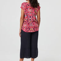 Printed Lace Trim Cap Sleeve Blouse