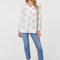 Embroidered Pleat 3/4 Sleeve Blouse