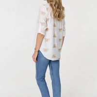 Embroidered Pleat 3/4 Sleeve Blouse