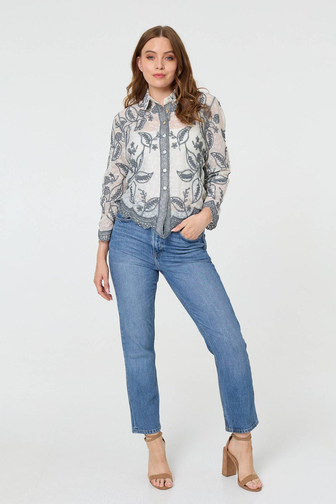 Leaf Embroidered Semi Sheer Lace Shirt
