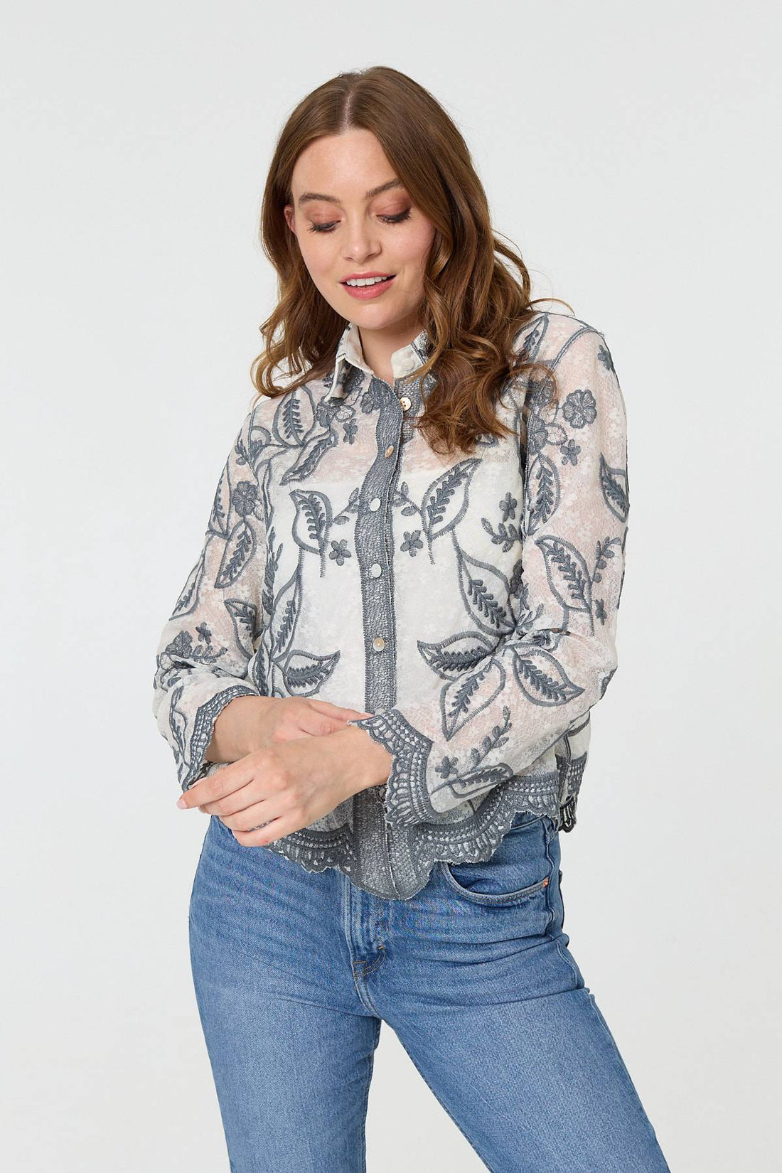 Leaf Embroidered Semi Sheer Lace Shirt
