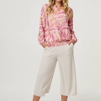 Floral Shirred 3/4 Sleeve V-Neck Blouse