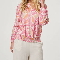 Floral Shirred 3/4 Sleeve V-Neck Blouse