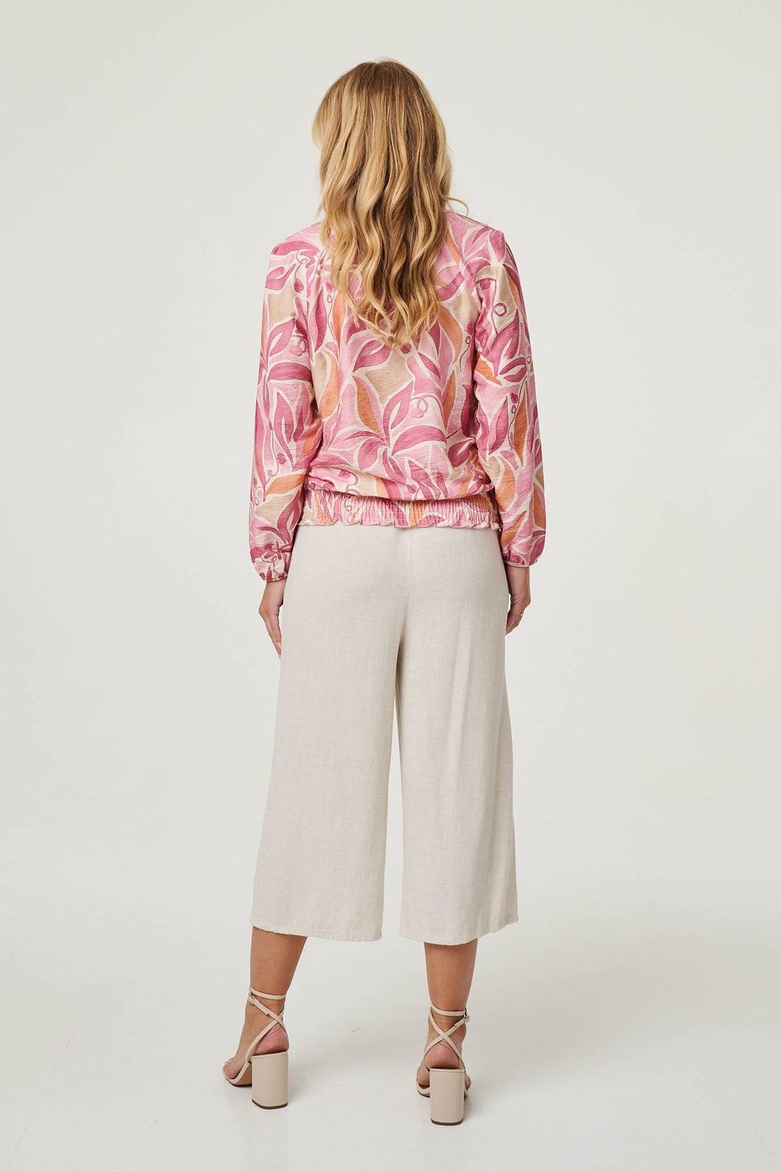 Floral Shirred 3/4 Sleeve V-Neck Blouse