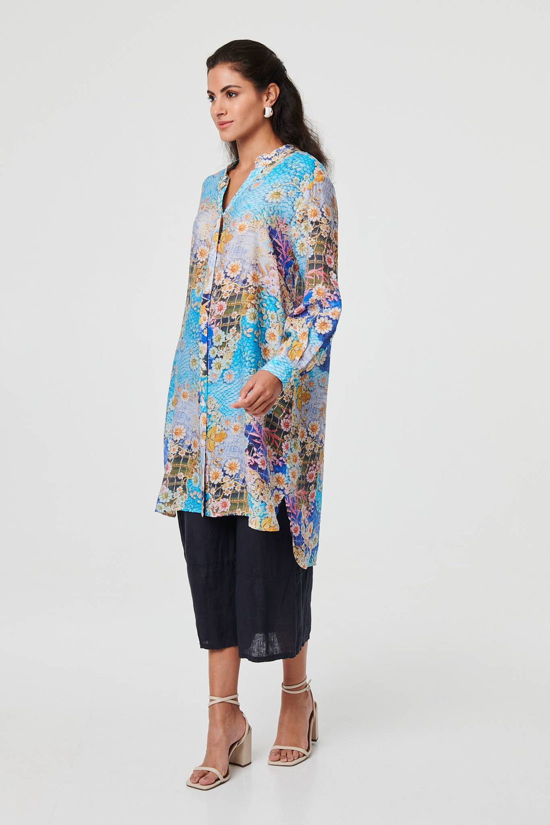 Floral Long Sleeve Longline Tunic Shirt