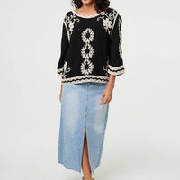 Floral Embroidered 3/4 Sleeve Blouse