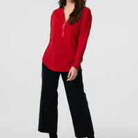 Zip Front V-Neck Relaxed 3/4 Sleeve Top