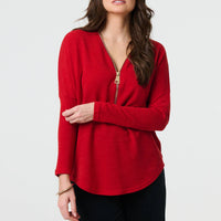 Zip Front V-Neck Relaxed 3/4 Sleeve Top
