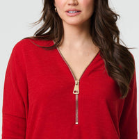 Zip Front V-Neck Relaxed 3/4 Sleeve Top