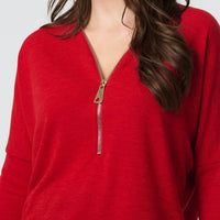 Zip Front V-Neck Relaxed 3/4 Sleeve Top