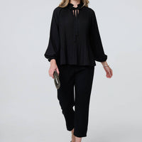 Pleated Tie Neck Long Sleeve Blouse