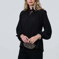 Pleated Tie Neck Long Sleeve Blouse