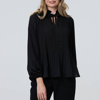 Pleated Tie Neck Long Sleeve Blouse