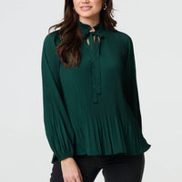 Pleated Tie Neck Long Sleeve Blouse