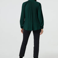Pleated Tie Neck Long Sleeve Blouse