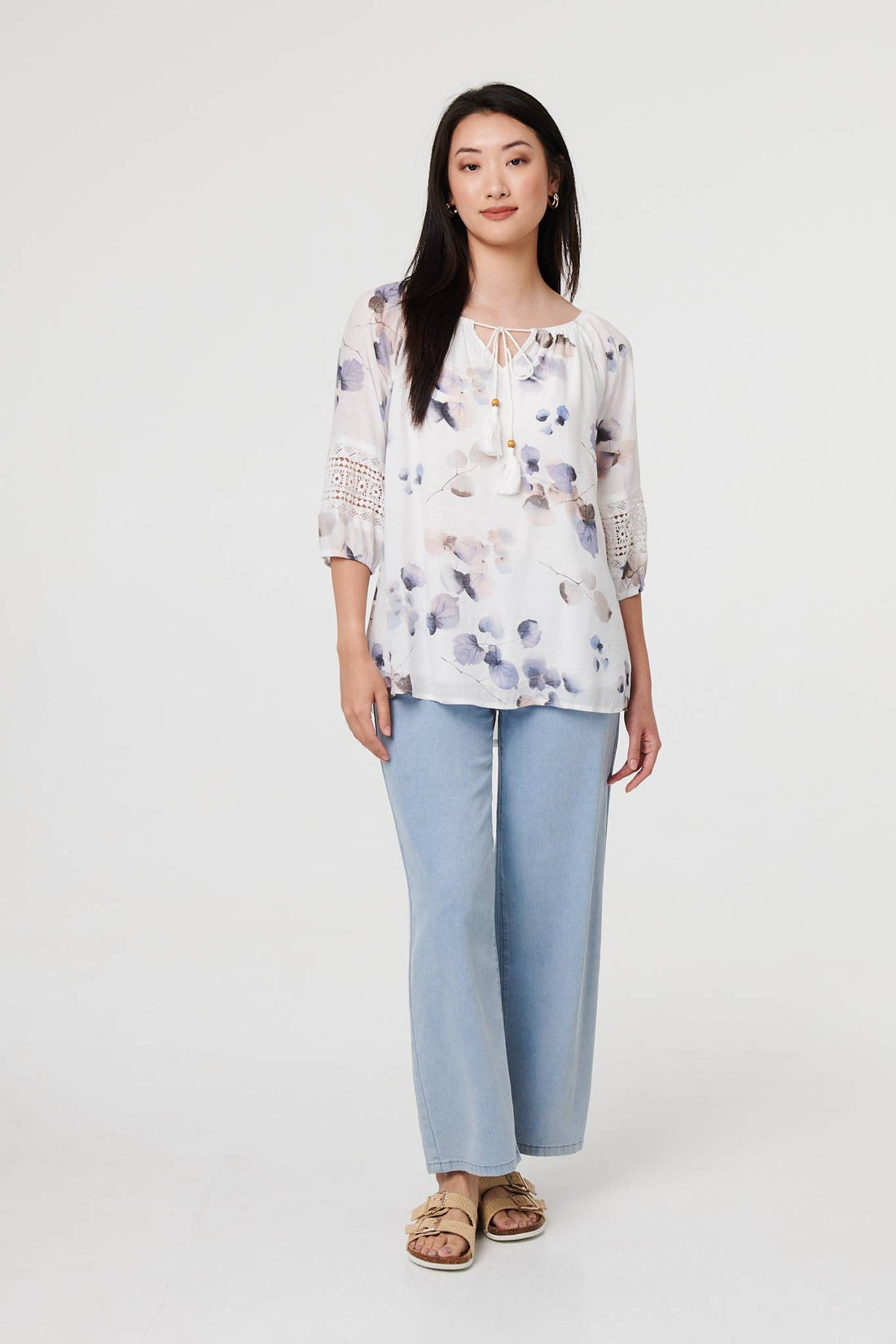Printed Lace Trim Tie Neck Bardot Blouse