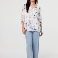 Printed Lace Trim Tie Neck Bardot Blouse