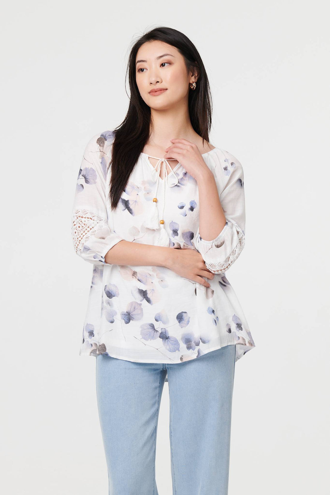 Printed Lace Trim Tie Neck Bardot Blouse