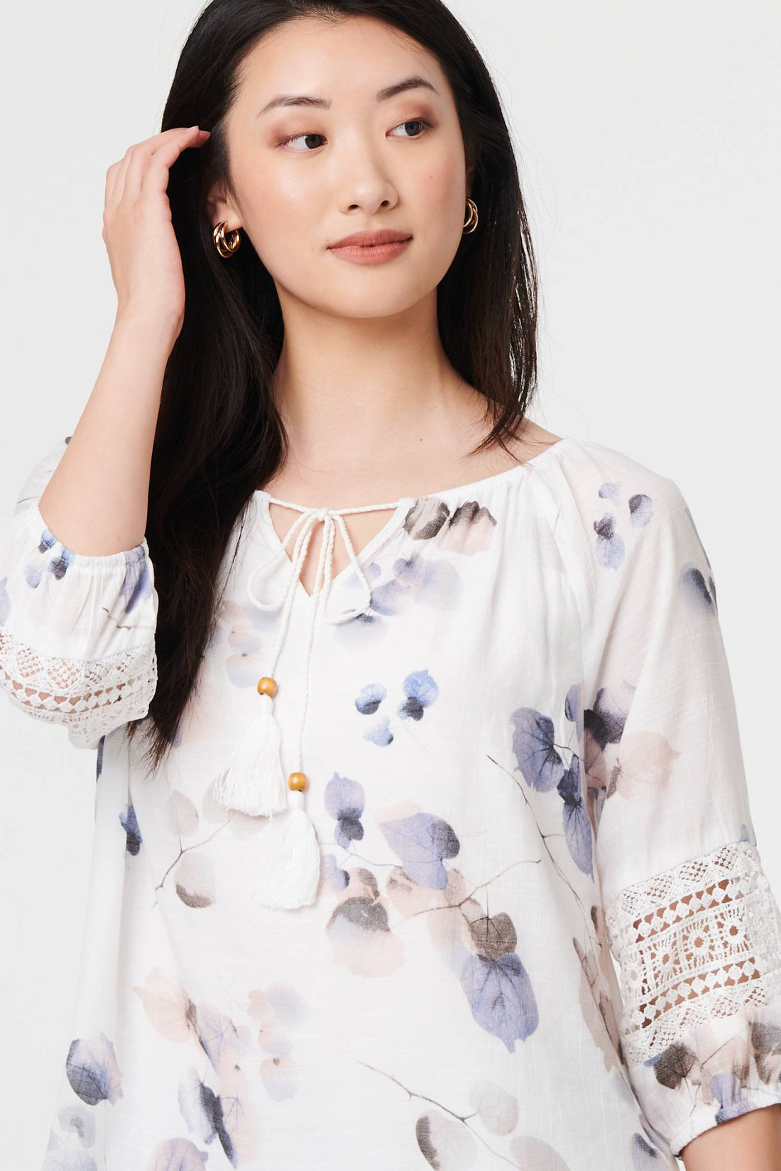 Printed Lace Trim Tie Neck Bardot Blouse