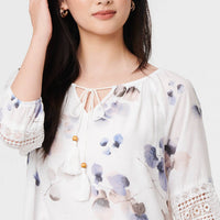 Printed Lace Trim Tie Neck Bardot Blouse