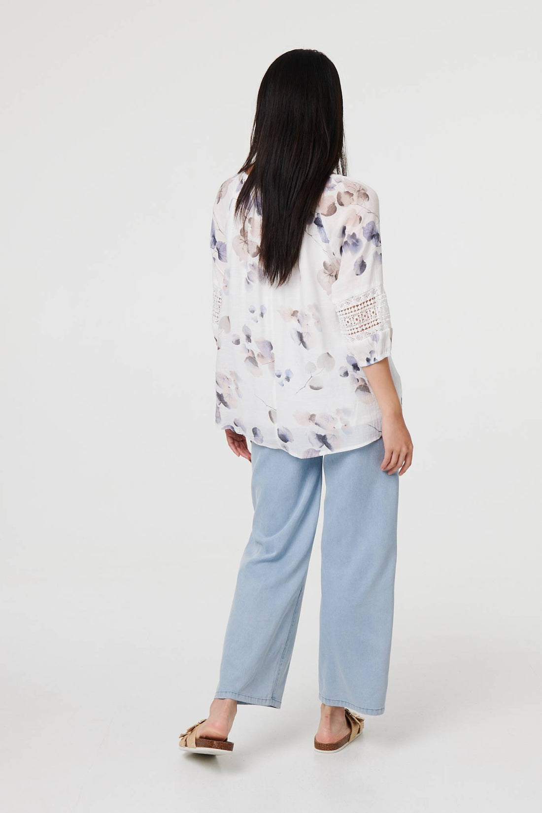 Printed Lace Trim Tie Neck Bardot Blouse