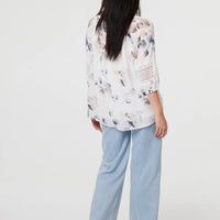 Printed Lace Trim Tie Neck Bardot Blouse