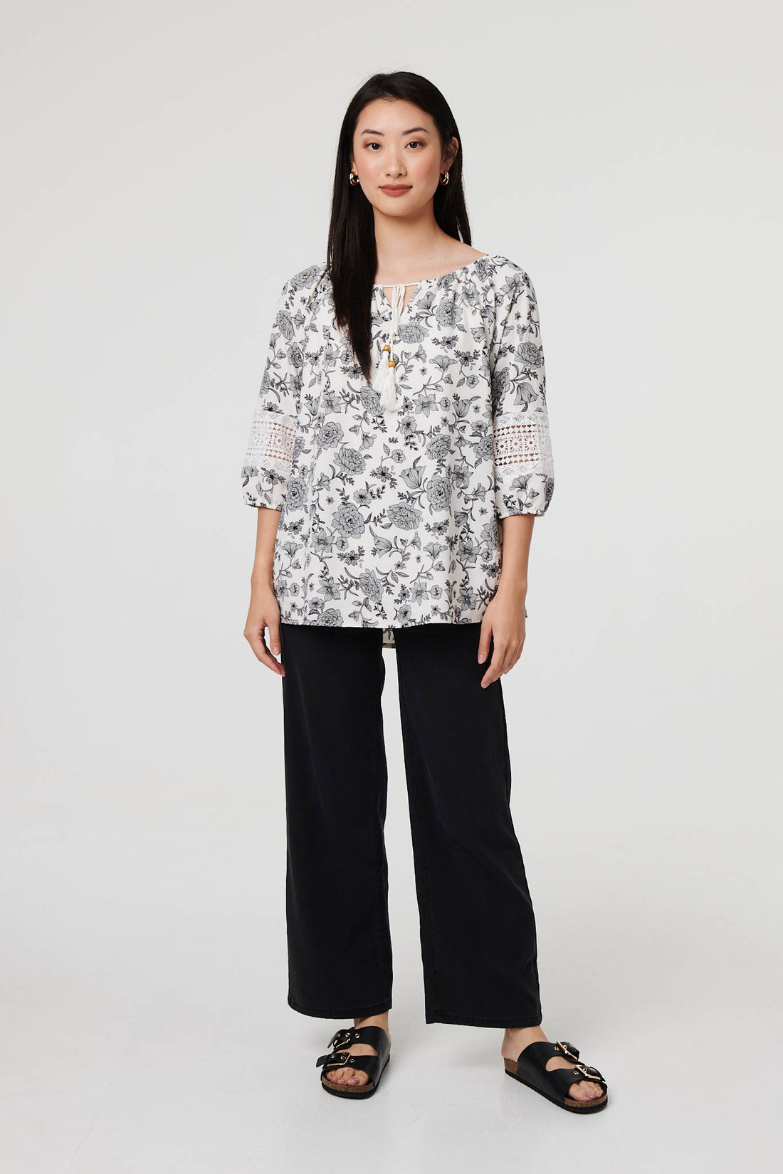 Floral Lace Trim Tie Neck Bardot Blouse