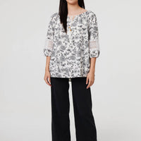 Floral Lace Trim Tie Neck Bardot Blouse