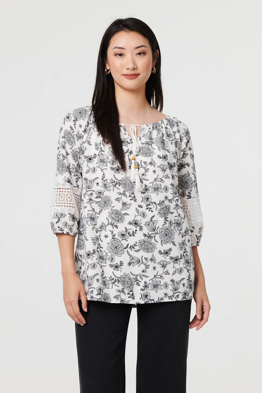 Floral Lace Trim Tie Neck Bardot Blouse