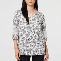 Floral Lace Trim Tie Neck Bardot Blouse