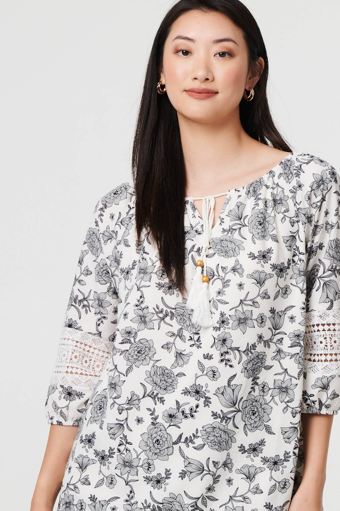 Floral Lace Trim Tie Neck Bardot Blouse