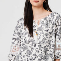 Floral Lace Trim Tie Neck Bardot Blouse