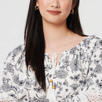 Floral Lace Trim Tie Neck Bardot Blouse