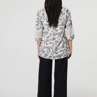 Floral Lace Trim Tie Neck Bardot Blouse