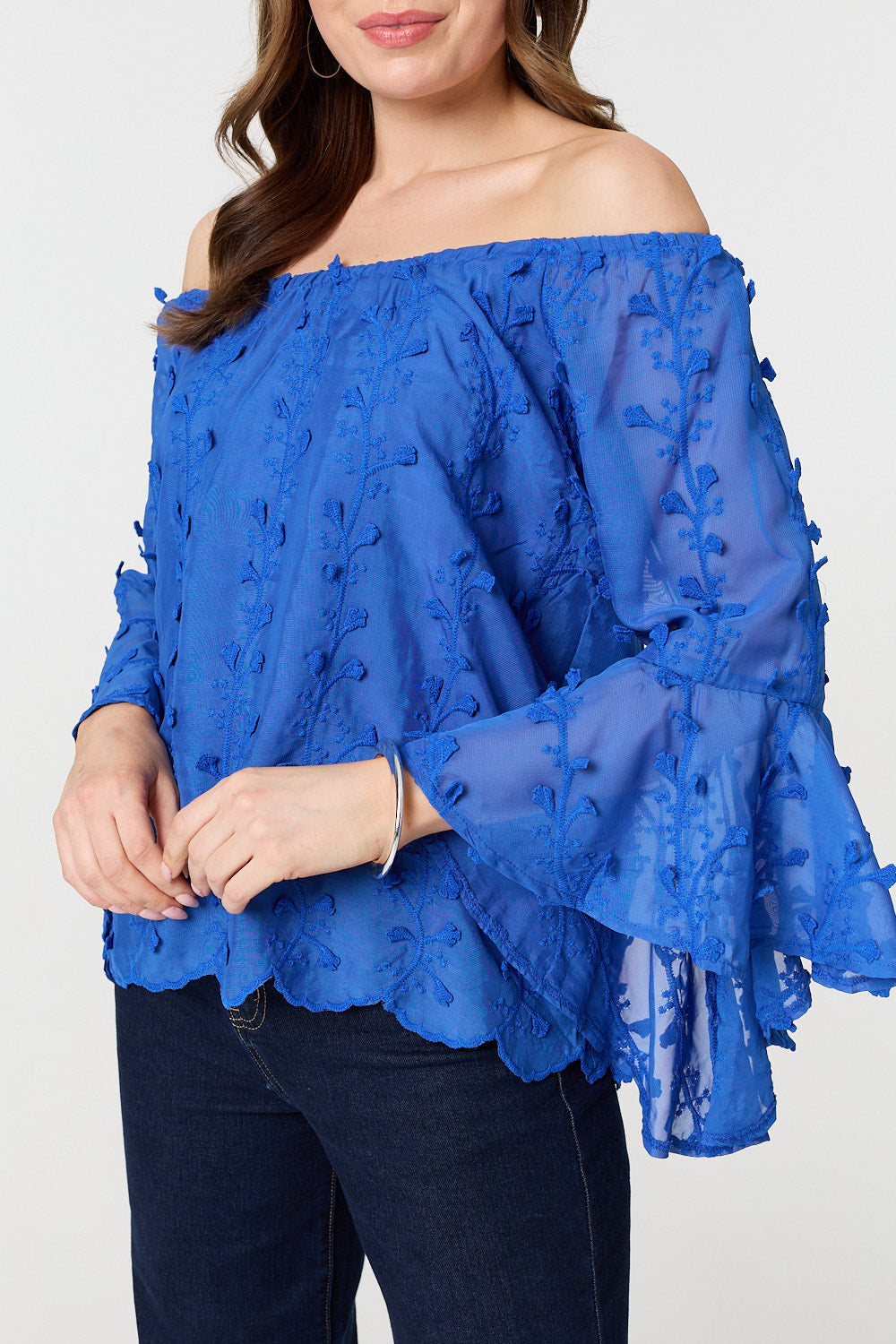 Textured Semi Sheer Bardot Blouse