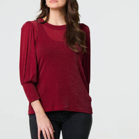 Sparkly 3/4 Puff Sleeve Mesh Top