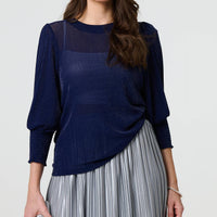 Sparkly 3/4 Puff Sleeve Mesh Top